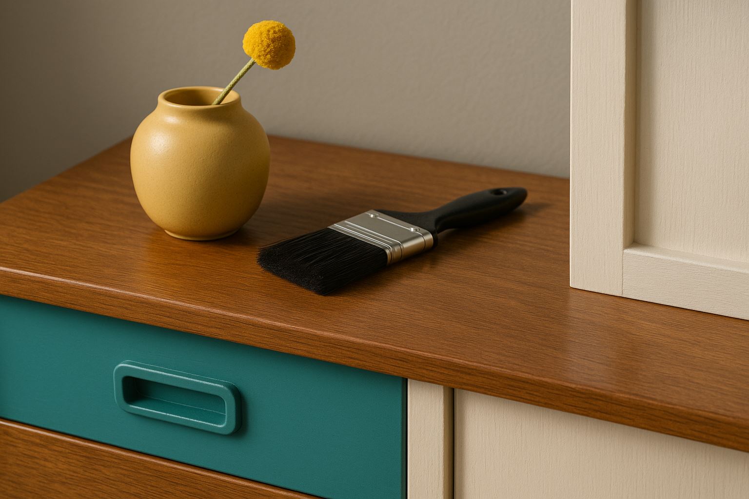 Close-up permukaan kayu interior rumah dengan lapisan cat polyurethane berbasis air yang menampilkan kilau halus dan tekstur alami, menggambarkan durabilitas cat polyurethane interior yang tinggi.