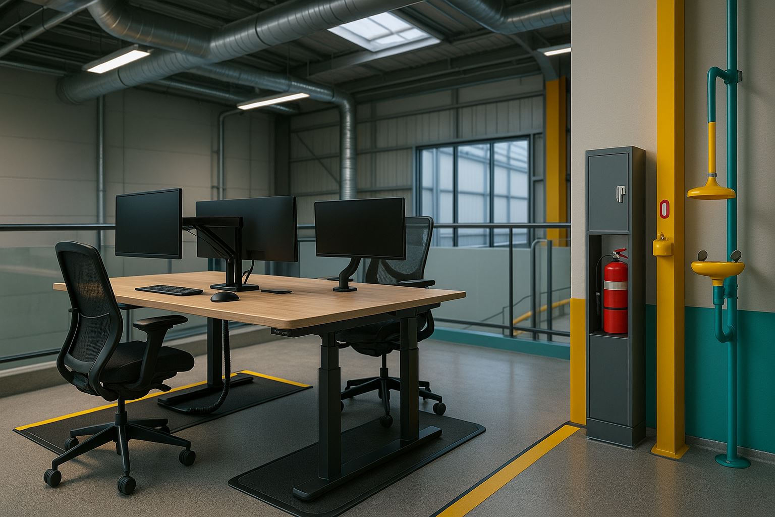 Ruang kerja kantor industri tanpa manusia dengan standar ergonomi kantor industri: meja adjustable, jalur aman beraksen #fdd406 dan #02abb2, pencahayaan lembut.