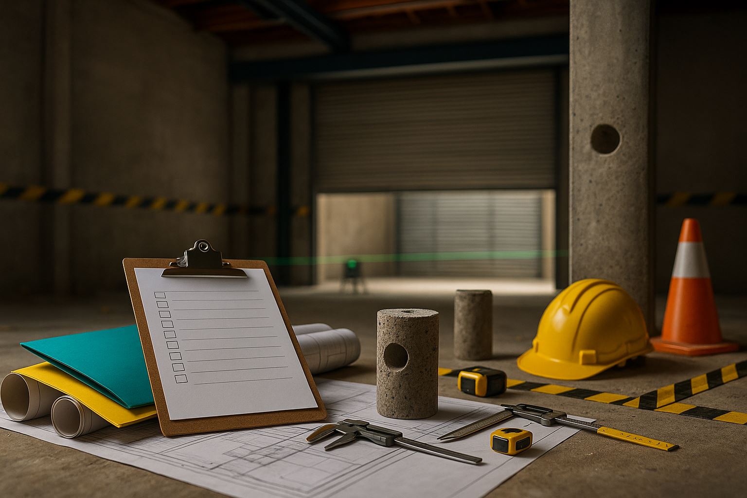 Still life pra renovasi ruko dengan blueprint, core beton, helm kuning, map teal, dan alat uji struktur; menggambarkan checklist pra renovasi ruko yang rapi dan profesional.