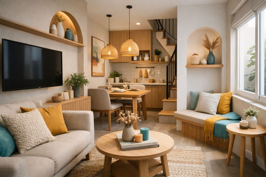 Ilustrasi interior kantor modern dengan konsep biofilik dan lived-in yang merepresentasikan tren desain kantor 2025 berfokus pada kenyamanan dan kesejahteraan karyawan.