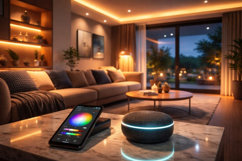 Interior kantor modern dengan pencahayaan hangat, elemen biofilik, dan nuansa lived-in yang mencerminkan tren desain kantor 2025 berorientasi pada kesejahteraan karyawan.