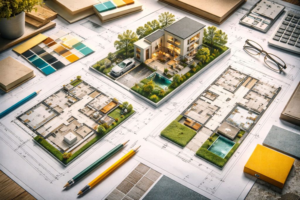 Fotografi realistis maket dan blueprint rumah urban dengan lahan terbatas, menampilkan perbandingan layout rumah 6x12 7x15 yang dirancang efisien, fungsional, dan adaptif terhadap konteks site perkotaan.