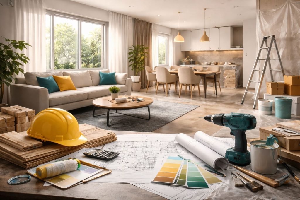 Foto realistis renovasi interior rumah 2026: meja kerja dengan blueprint, material, dan alat pertukangan untuk menghitung biaya renovasi rumah 2026 di Jawa Barat.