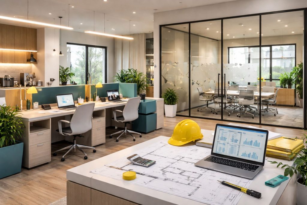Ilustrasi metrik fit out kantor untuk kantor kecil: workstation kompak, layout efisien, dan elemen perencanaan biaya per m², lead time, serta efisiensi kursi dalam proyek 2025–2026.