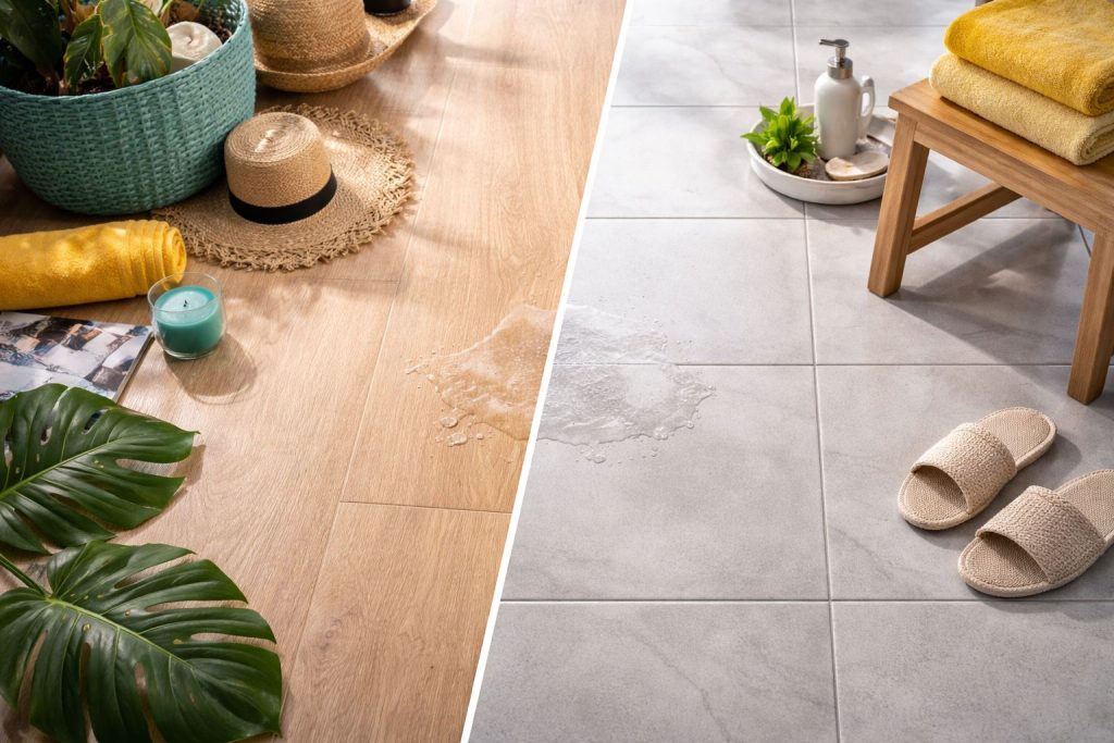 Perbandingan lantai SPC vs keramik di rumah tropis: visual close-up dua material dengan efek lembap untuk menunjukkan ketahanan dan perawatan.