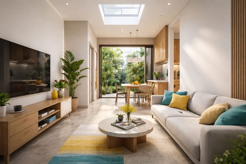 Layout rumah 6x12 7x15 konsep open space dengan sirkulasi lega dan cahaya alami, interior minimalis modern bernuansa hangat dengan aksen kuning dan toska.