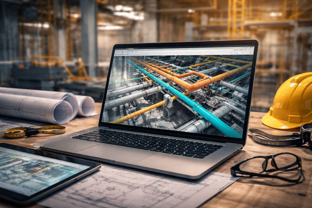 BIM clash detection MEP di layar laptop menampilkan tabrakan pipa, ducting, dan kabel untuk mengurangi rework lapangan pada proyek konstruksi.