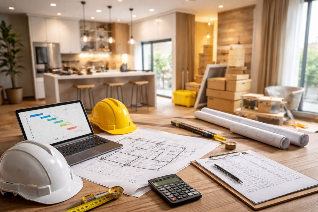 Meja kerja manajemen proyek interior dengan blueprint, jadwal kerja di laptop, helm keselamatan, dan material terorganisir untuk mencegah keterlambatan proyek interior.