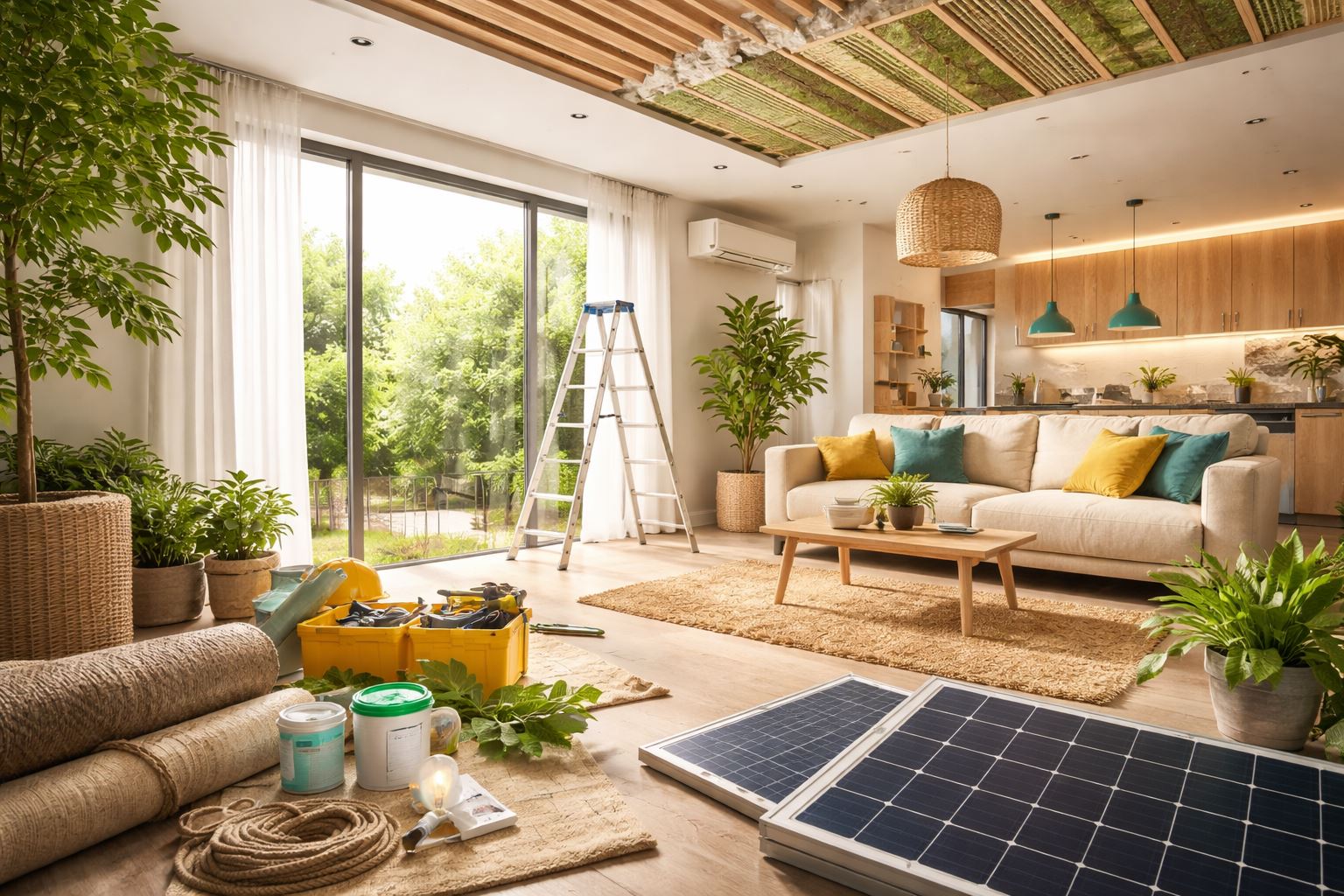 Renovasi hijau hemat energi di ruang keluarga modern: pencahayaan alami, insulasi plafon, panel surya, dan material ramah lingkungan untuk penghematan listrik bulanan.