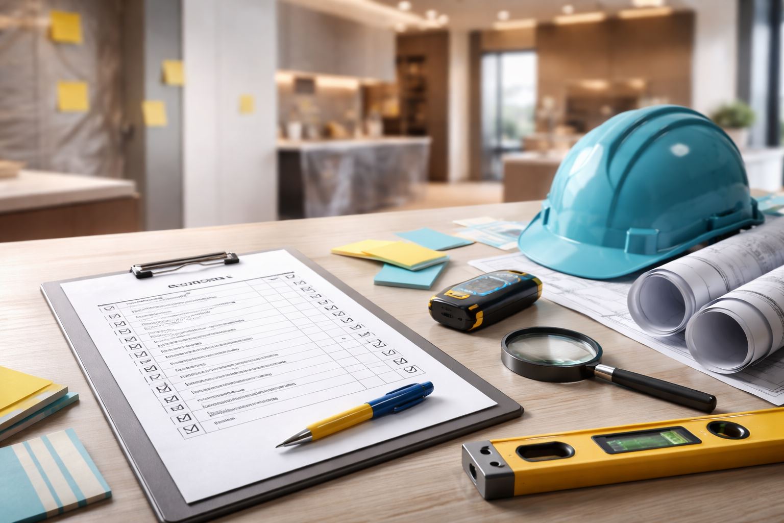 Checklist QAQC proyek fitout di meja kerja—clipboard inspeksi, alat ukur, dan helm safety dalam suasana site interior minimalis untuk menekan temuan cacat per 100 m².