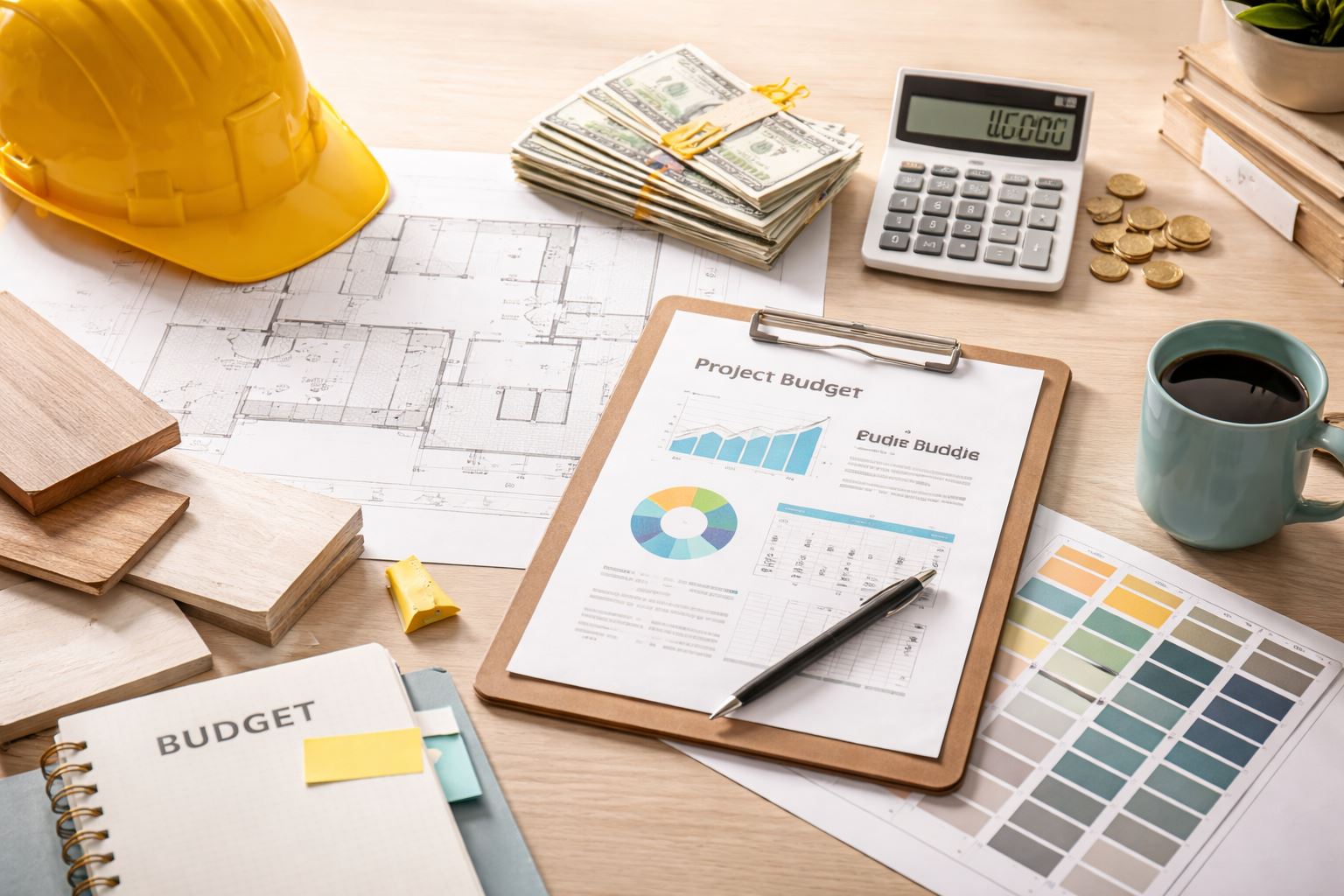 Ilustrasi perencanaan renovasi rumah dengan cadangan biaya proyek 20–30% untuk mengantisipasi pembengkakan anggaran dan perubahan pekerjaan.