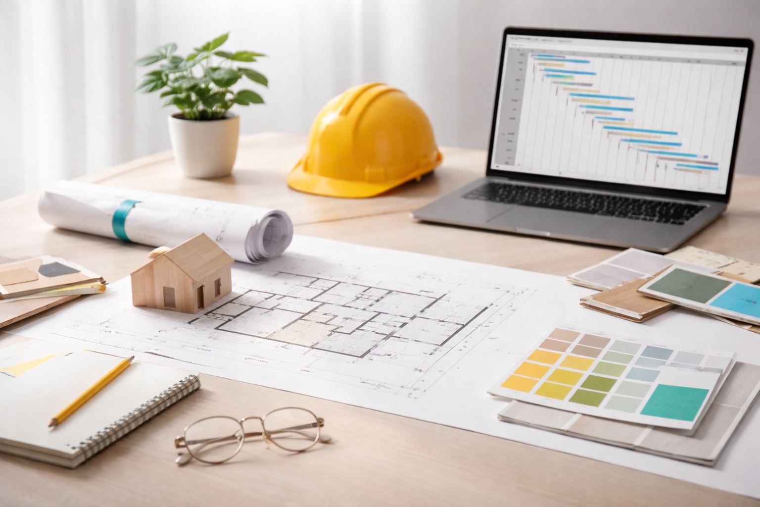 Ilustrasi timeline renovasi rumah 2–12 bulan yang menampilkan tahapan desain, perencanaan, produksi, hingga serah-terima proyek secara terstruktur dan realistis.