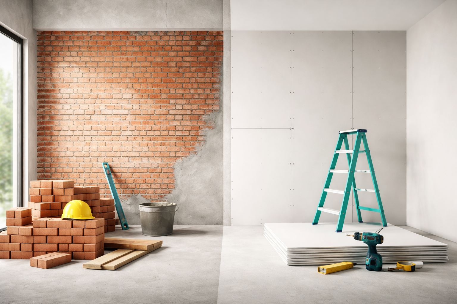 Perbandingan dinding drywall hemat biaya dengan dinding bata pada interior minimalis, menampilkan solusi konstruksi efisien, rapi, dan modern untuk ruang residensial dan komersial.