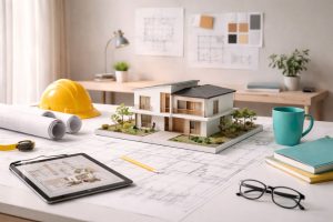 Ilustrasi ruang kerja desain–bangun modern yang merepresentasikan proyeksi belanja design-build 2.6t dan tren turnkey global 2024–2028.