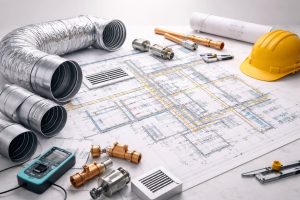 Ilustrasi koordinasi MEP pada gambar kerja bangunan yang menunjukkan bagaimana biaya MEP 15–55% proyek dapat memicu revisi jika tidak terkoordinasi sejak tahap desain.