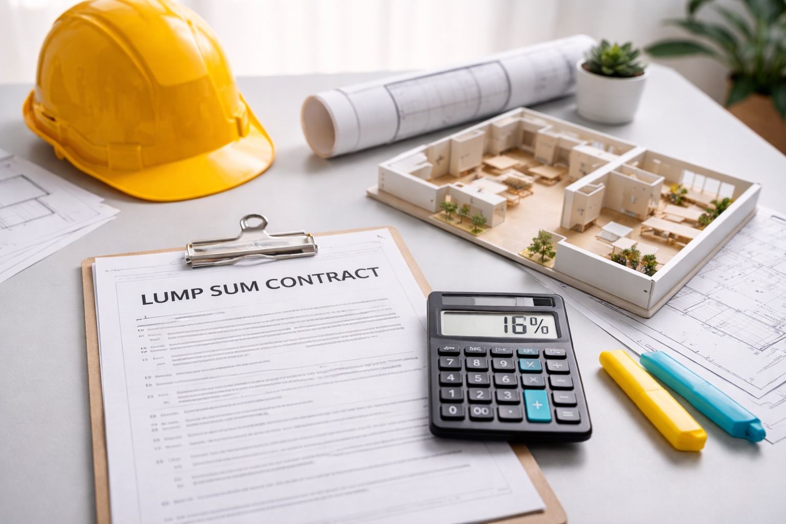 Ilustrasi profesional proyek interior dan sipil yang menunjukkan risiko kontrak lump sum klaim 16% akibat dokumen awal tidak lengkap dalam proses desain dan konstruksi.