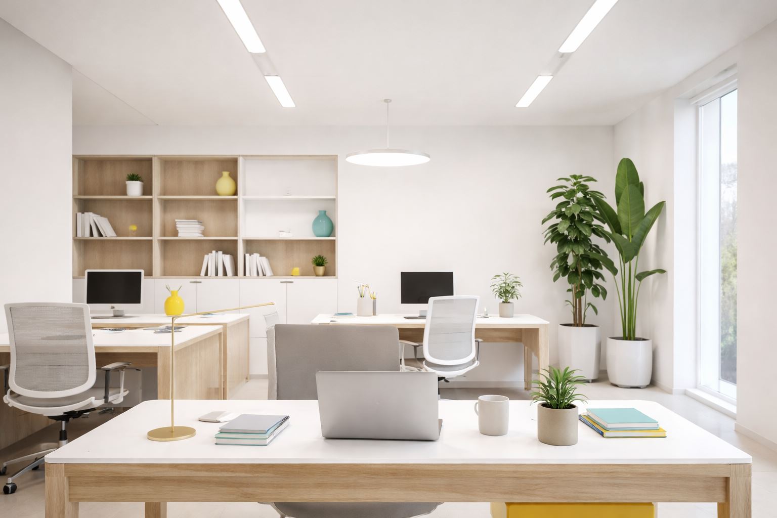 Ilustrasi ruang kantor modern minimalis dengan pencahayaan kerja sesuai standar lux kantor 300–500 untuk meningkatkan kenyamanan visual dan produktivitas.