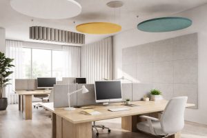 Desain interior kantor minimalis dengan panel akustik modern untuk menurunkan noise kantor yang berdampak pada penurunan produktivitas kerja.