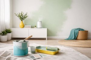 Ilustrasi interior minimalis dengan cat low-VOC yang terbukti menurunkan TVOC hingga 90 persen, mendukung kualitas udara indoor yang lebih sehat dan aman.