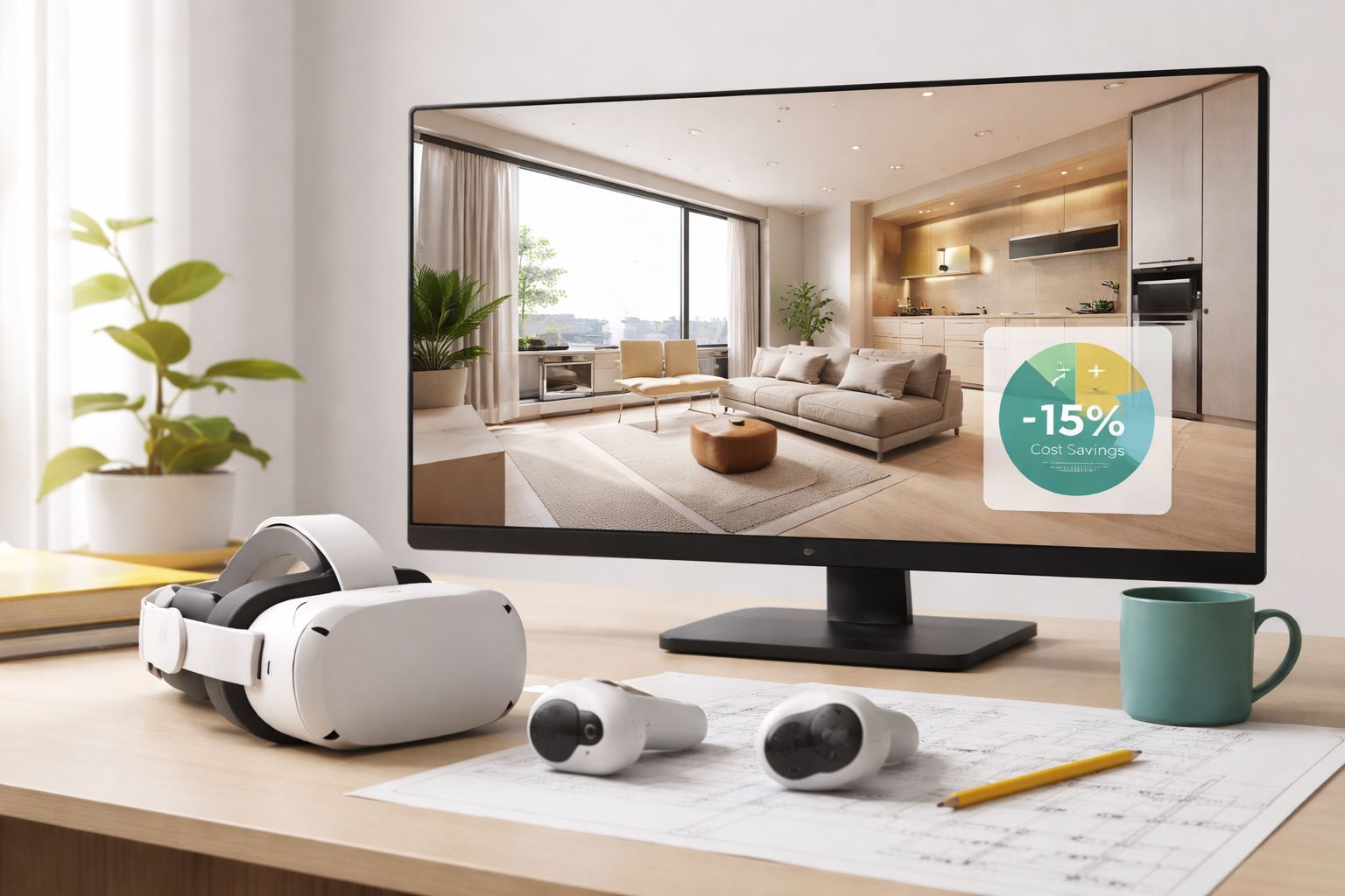 VR mockup hemat 15% menampilkan visualisasi 3D realistis sebagai pengganti mockup fisik dalam proses desain dan konstruksi modern.