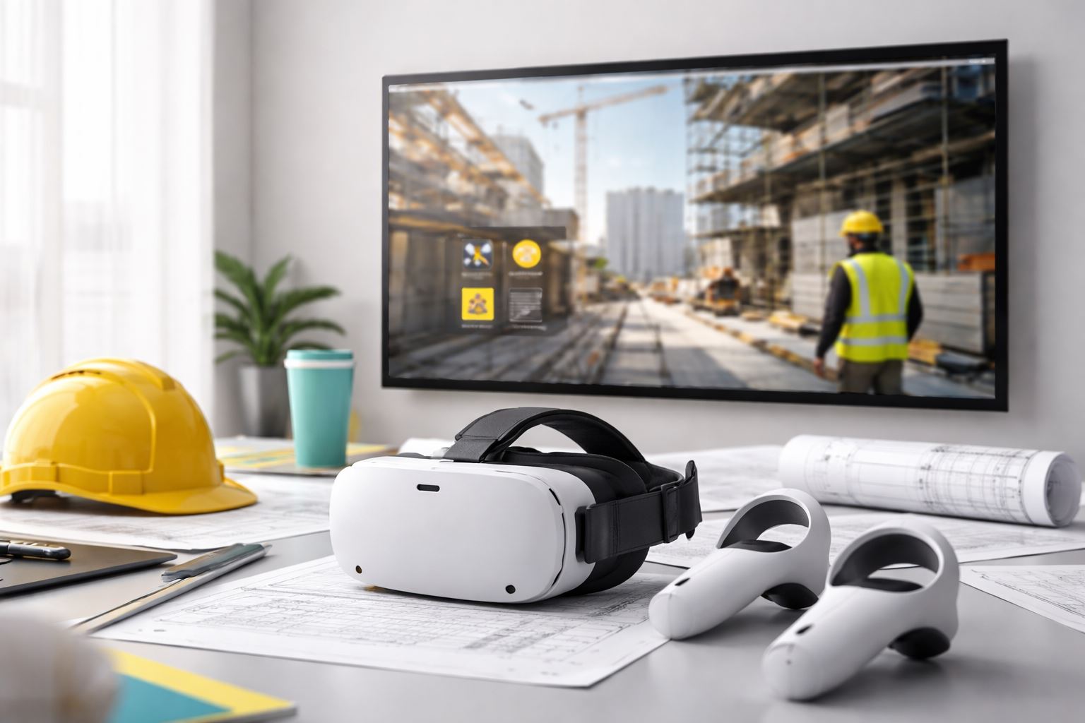 Ilustrasi VR konstruksi dipakai 60% perusahaan untuk safety training, menampilkan headset VR, blueprint proyek, dan elemen kerja konstruksi dalam komposisi minimalis modern.