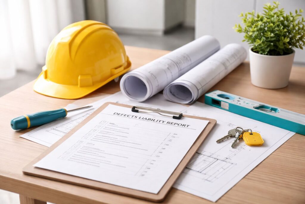 Ilustrasi minimalist defects liability 12 bulan pada handover proyek interior dan sipil, menampilkan elemen inspeksi akhir, gambar kerja, serta detail serah terima proyek secara profesional.