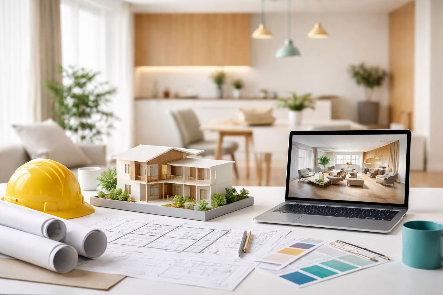 Jasa design build rumah dengan konsep modern minimalis, menampilkan alur terintegrasi dari perencanaan desain, visualisasi interior, hingga pembangunan rumah dan bisnis secara efisien.