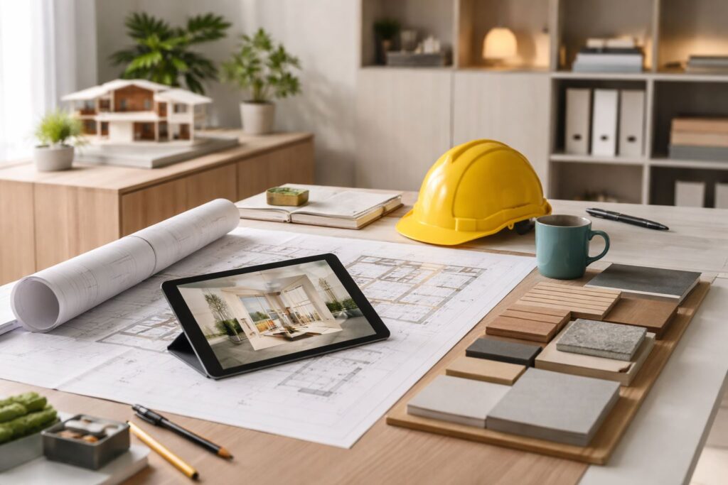 Ilustrasi minimalist ruang kerja kontraktor interior dengan blueprint, sampel material, dan visual desain untuk membantu memilih kontraktor interior tepat agar proyek lebih aman, rapi, dan tepat waktu.