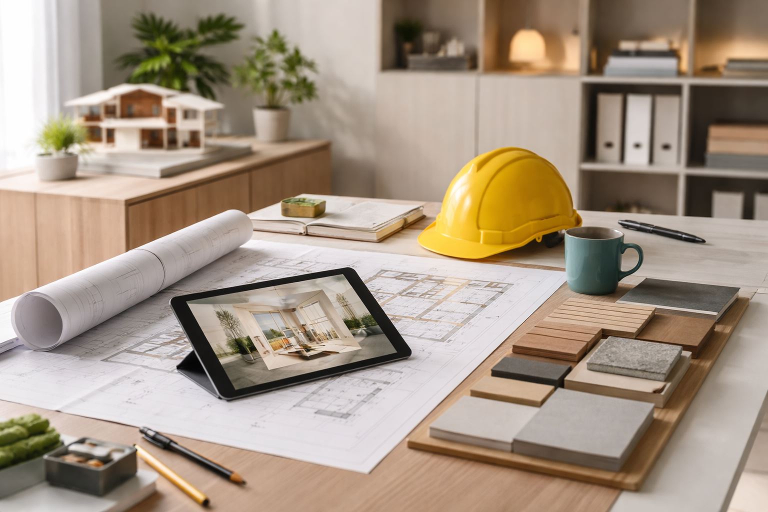 Ilustrasi minimalist ruang kerja kontraktor interior dengan blueprint, sampel material, dan visual desain untuk membantu memilih kontraktor interior tepat agar proyek lebih aman, rapi, dan tepat waktu.