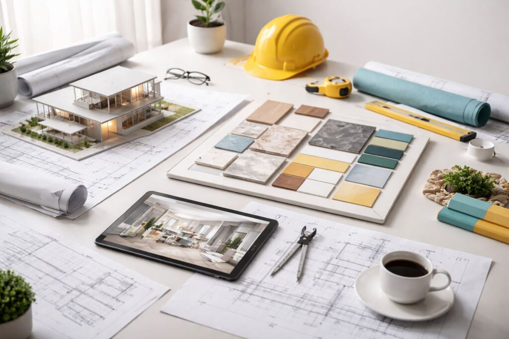 Ilustrasi minimalis perbedaan arsitektur, desain interior, dan build turnkey dalam satu komposisi modern dengan elemen blueprint, material, dan model bangunan.