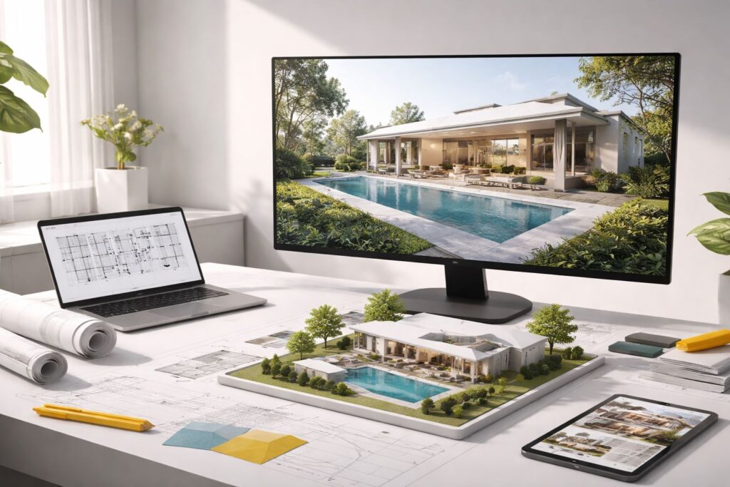 Manfaat visualisasi 3D proyek dalam studio desain interior modern yang menampilkan render arsitektur realistis untuk membantu klien memahami konsep ruang lebih cepat dan minim revisi.