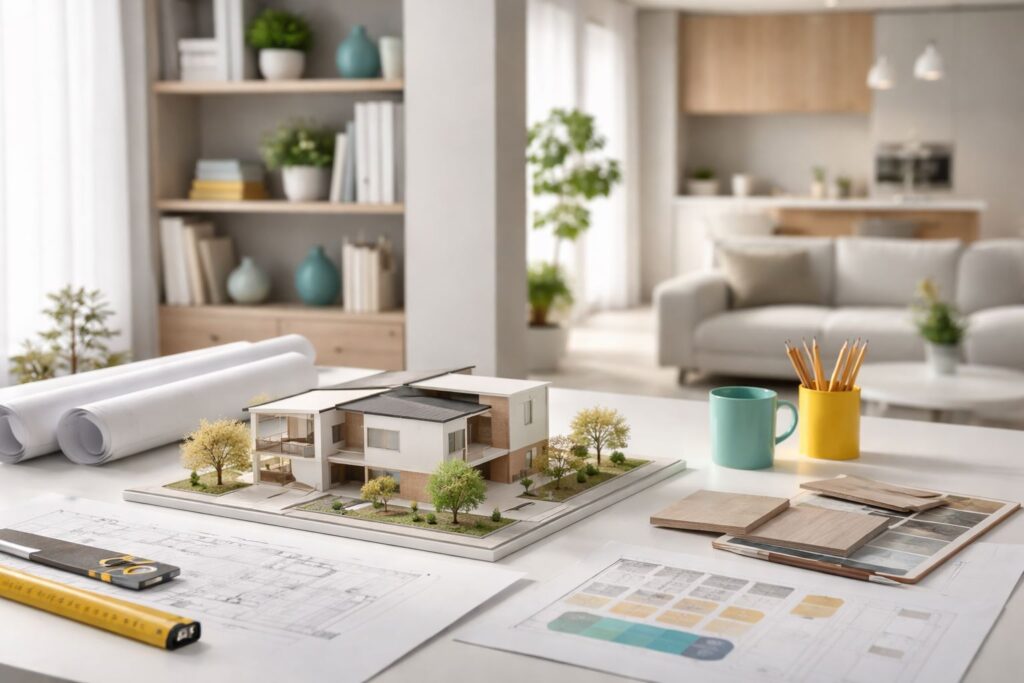 Ilustrasi buildable design interior arsitektur pada ruang modern minimalis dengan maket bangunan, material board, dan gambar kerja yang menonjolkan desain indah, fungsional, serta siap dibangun.