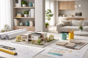 Ilustrasi buildable design interior arsitektur pada ruang modern minimalis dengan maket bangunan, material board, dan gambar kerja yang menonjolkan desain indah, fungsional, serta siap dibangun.