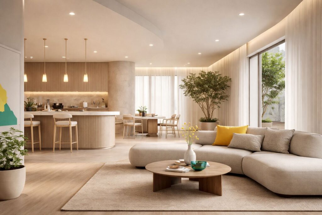 Tren interior modern timeless pada ruang hunian dan komersial bergaya minimalis dengan palet netral, aksen kuning dan teal, pencahayaan lembut, serta desain elegan yang fungsional.