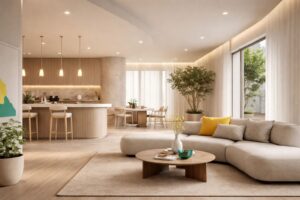 Tren interior modern timeless pada ruang hunian dan komersial bergaya minimalis dengan palet netral, aksen kuning dan teal, pencahayaan lembut, serta desain elegan yang fungsional.