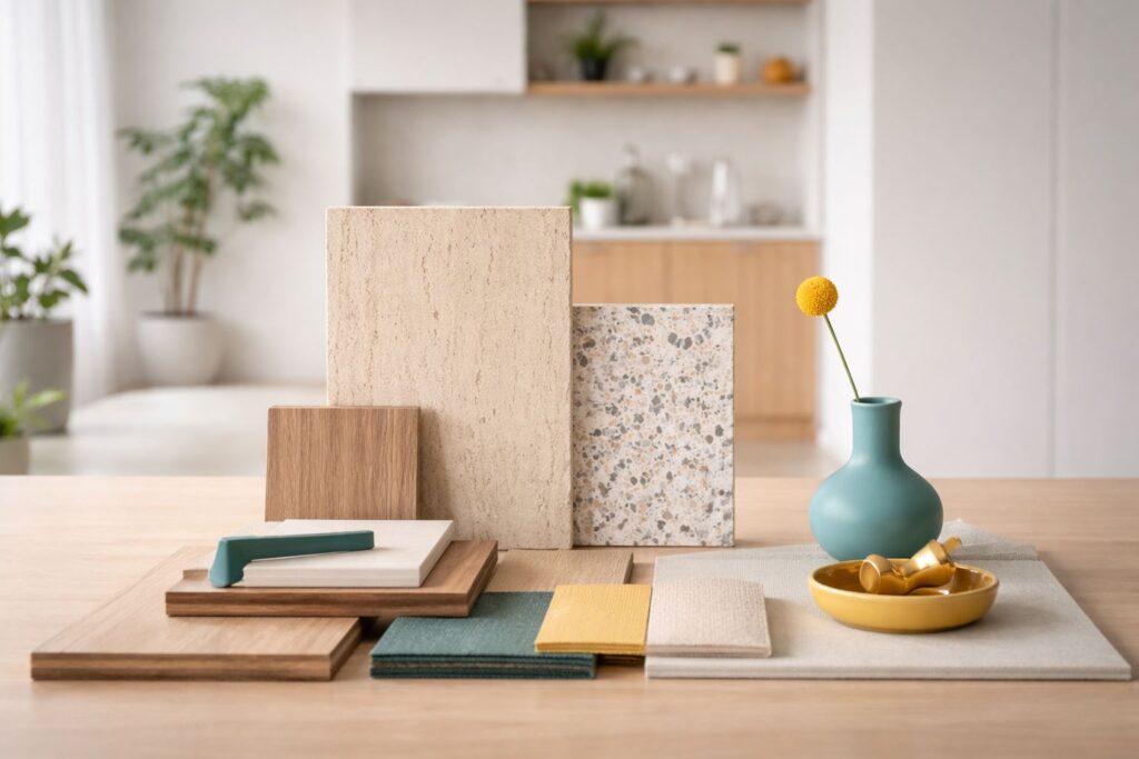 Material interior tahan lama dalam komposisi minimalis: sampel kayu, batu, terrazzo, dan tekstil netral dengan aksen kuning serta biru toska untuk inspirasi hunian, kantor, dan usaha modern