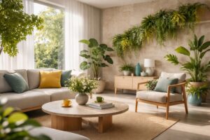 Biophilic design untuk ruang minimalis dengan pencahayaan alami, tanaman indoor, material kayu hangat, dan aksen kuning serta teal yang menciptakan suasana sehat dan nyaman.