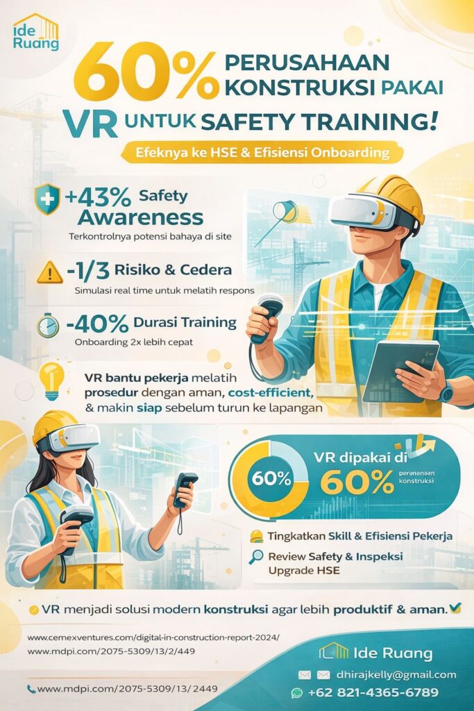 Infografis modern tentang VR konstruksi dipakai 60% untuk safety training, menampilkan dampaknya terhadap peningkatan HSE, pengurangan risiko kecelakaan, dan efisiensi onboarding pekerja konstruksi.