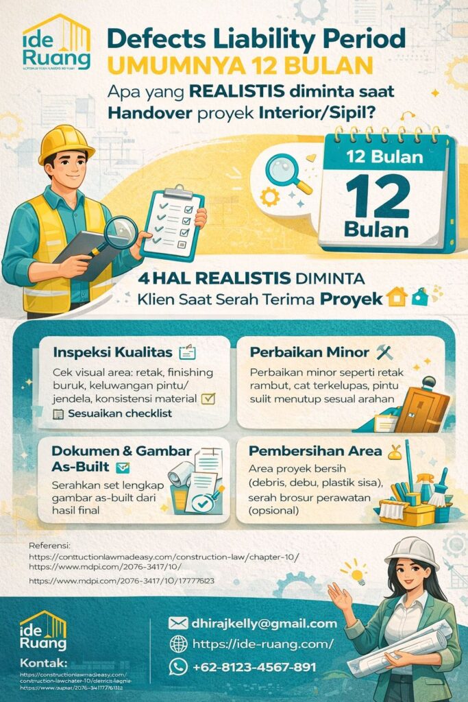 Infografis defects liability 12 bulan pada proyek interior dan sipil, berisi panduan realistis saat handover seperti inspeksi kualitas, perbaikan minor, dokumen as-built, dan pembersihan area, dengan desain modern bernuansa kuning dan toska khas Ide Ruang.