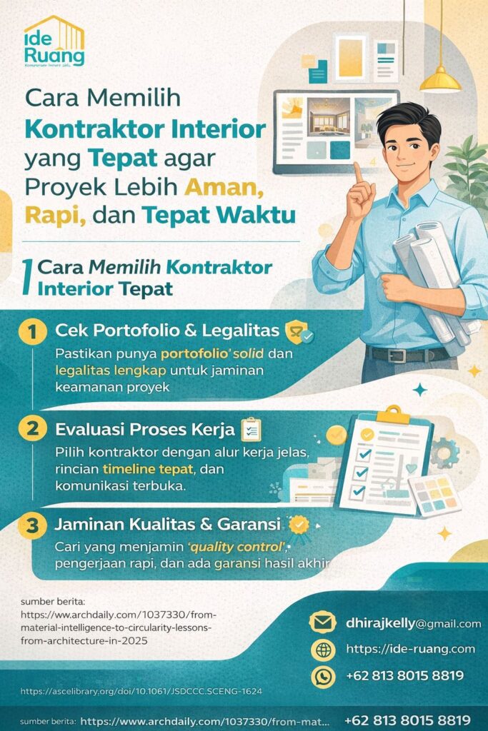 Infografis elegan dan modern tentang memilih kontraktor interior tepat agar proyek lebih aman, rapi, dan tepat waktu, lengkap dengan tips portofolio, legalitas, proses kerja, kualitas, garansi, serta identitas brand Ide Ruang.
