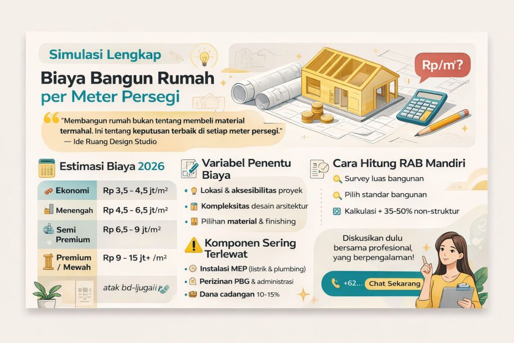 Infografis biaya bangun rumah per meter persegi 2026 lengkap dengan simulasi harga, komponen biaya tersembunyi, dan cara menghitung RAB secara mandiri