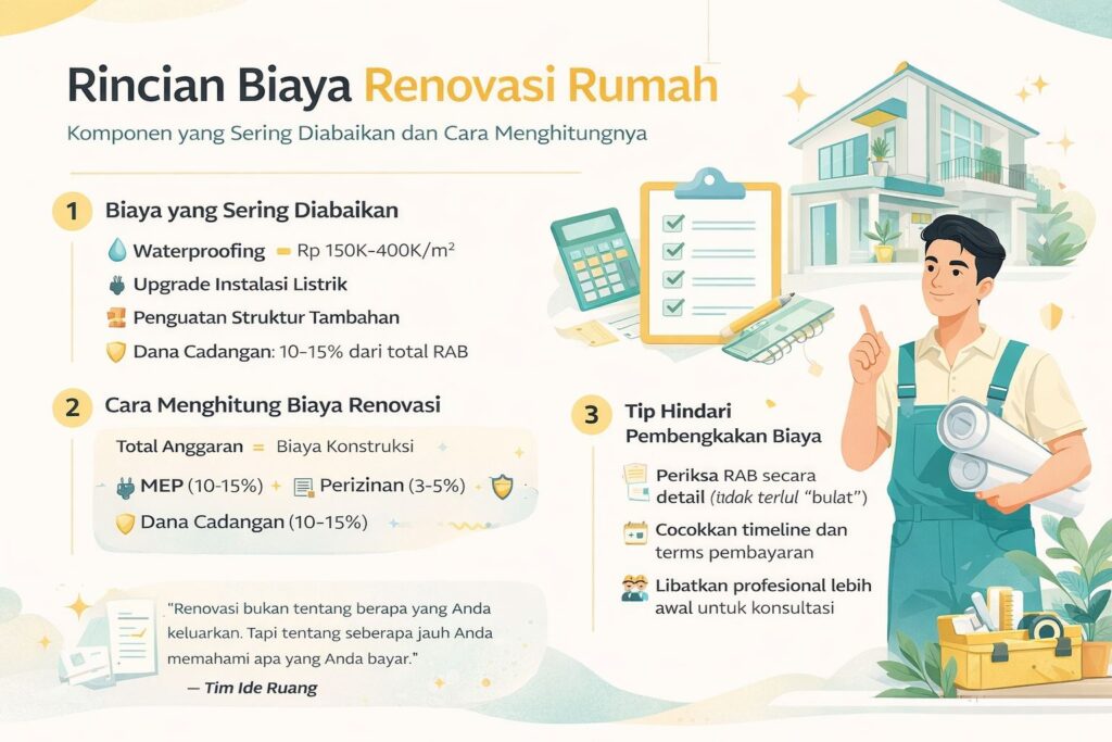 Infografis biaya renovasi rumah lengkap dengan komponen tersembunyi, estimasi RAB, dan tips menghitung anggaran renovasi agar tidak overbudget