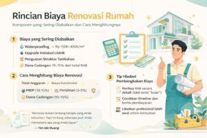 Infografis biaya renovasi rumah lengkap dengan komponen tersembunyi, estimasi RAB, dan tips menghitung anggaran renovasi agar tidak overbudget