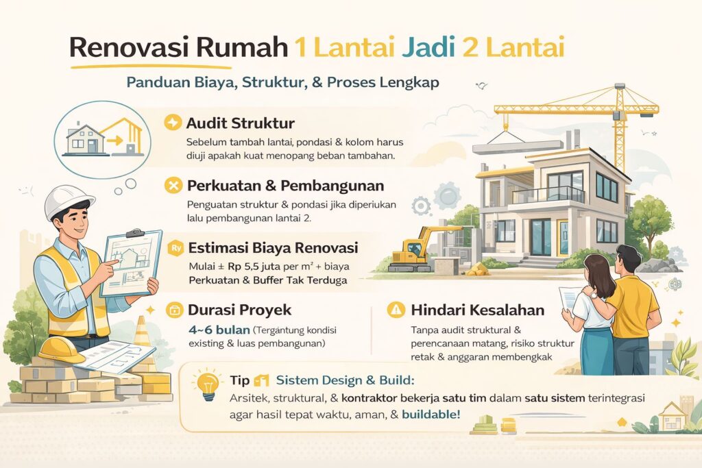 Infografis renovasi rumah 1 lantai jadi 2 lantai menampilkan panduan biaya, struktur, dan proses pembangunan secara lengkap dan modern