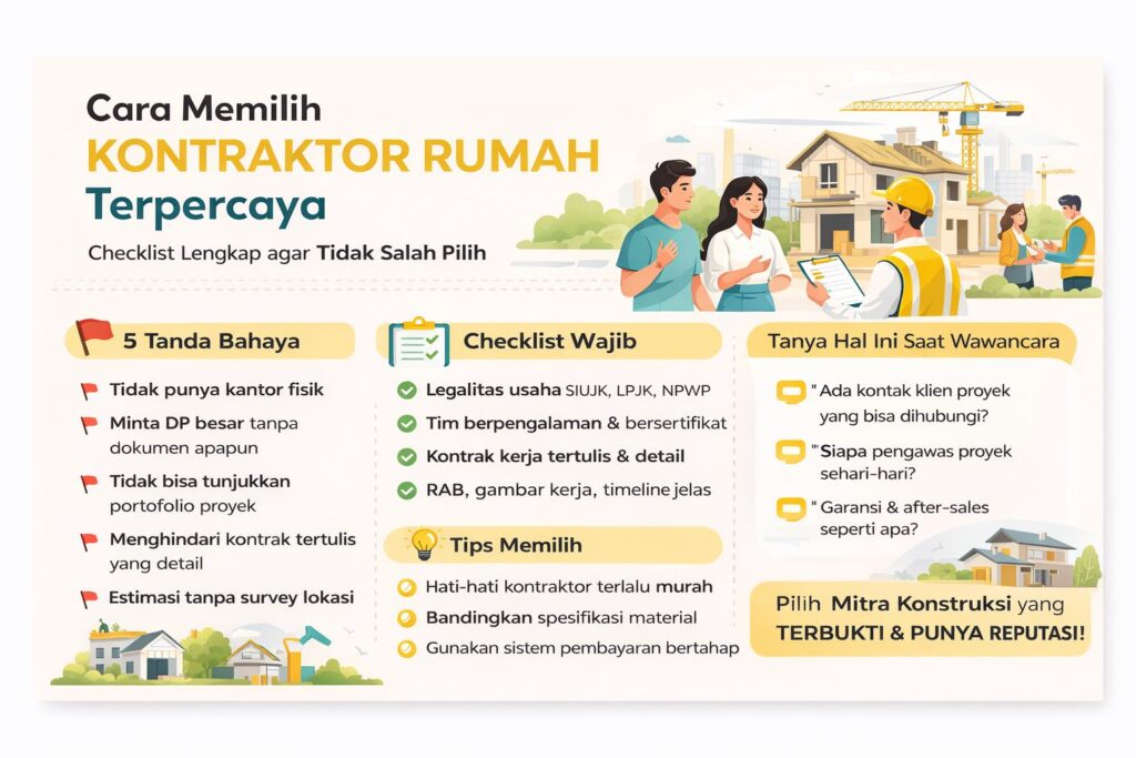 Infografis cara memilih kontraktor rumah terpercaya dengan checklist penting, red flag, dan tips memilih kontraktor agar proyek aman dan tepat biaya