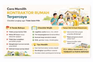 Infografis cara memilih kontraktor rumah terpercaya dengan checklist penting, red flag, dan tips memilih kontraktor agar proyek aman dan tepat biaya