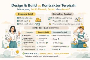 Infografis perbandingan design and build vs kontraktor terpisah yang menjelaskan perbedaan biaya, waktu pengerjaan, dan risiko proyek secara visual modern dan informatif.