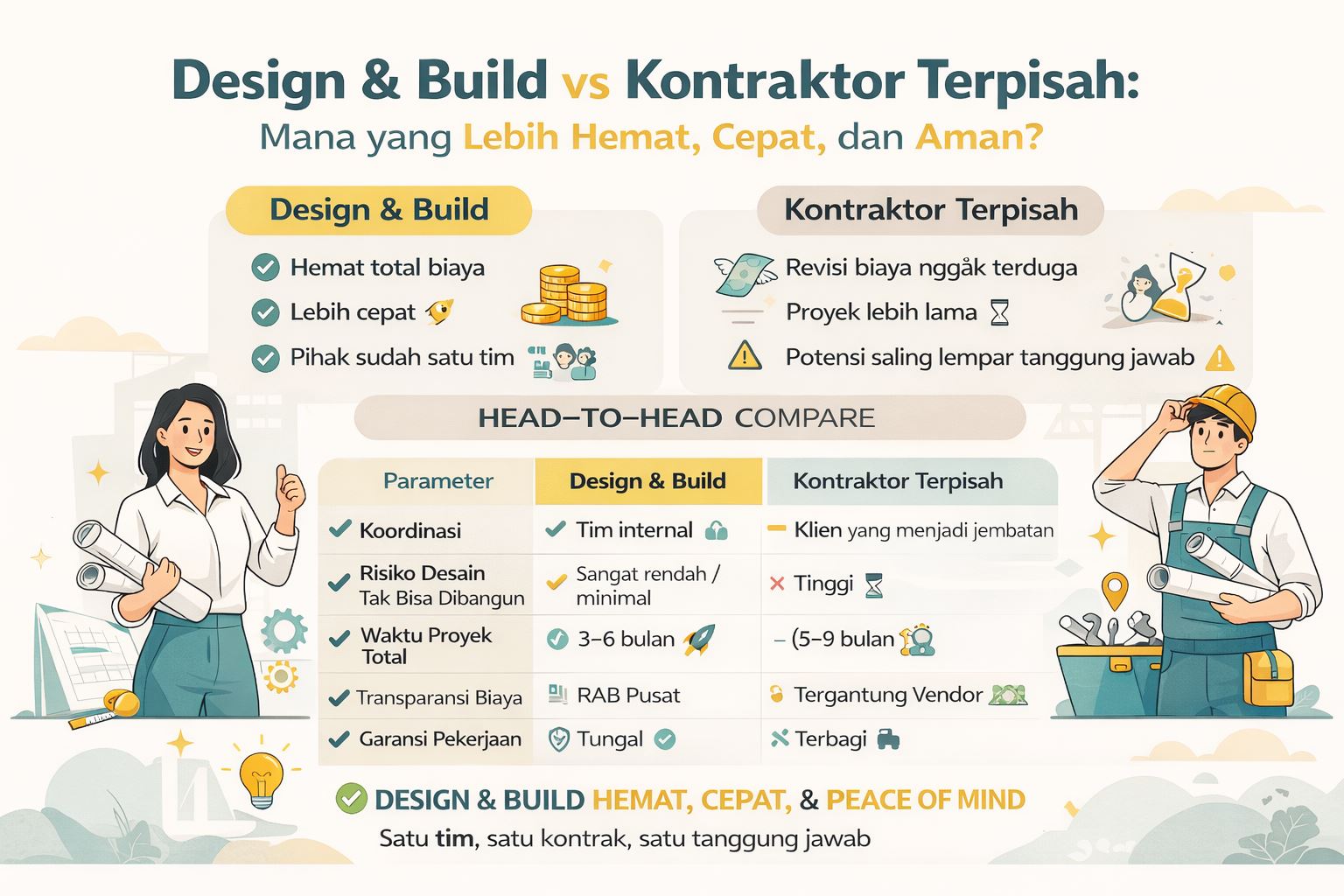 Infografis perbandingan design and build vs kontraktor terpisah yang menjelaskan perbedaan biaya, waktu pengerjaan, dan risiko proyek secara visual modern dan informatif.