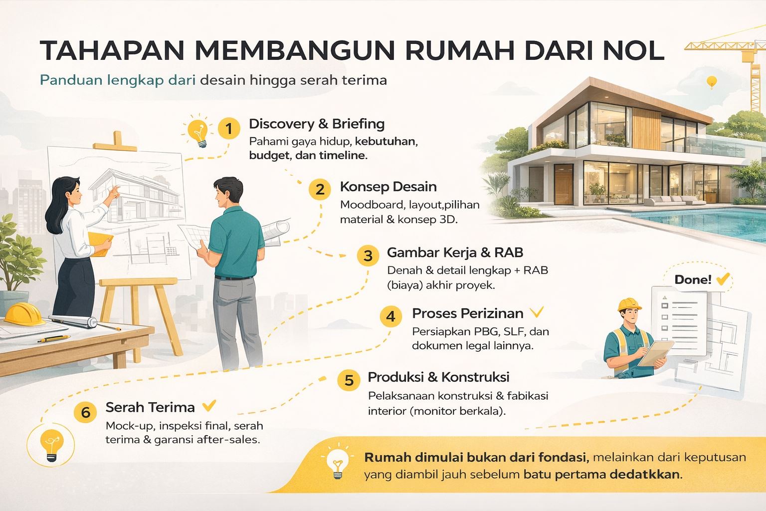 Infografis tahapan membangun rumah dari nol mulai dari discovery, konsep desain, gambar kerja, perizinan hingga konstruksi dan serah terima dengan ilustrasi modern minimalis