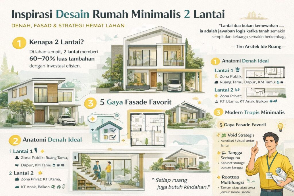 Infografis desain rumah minimalis 2 lantai modern dengan denah ideal, fasad elegan, dan strategi hemat lahan untuk hunian di kavling sempit